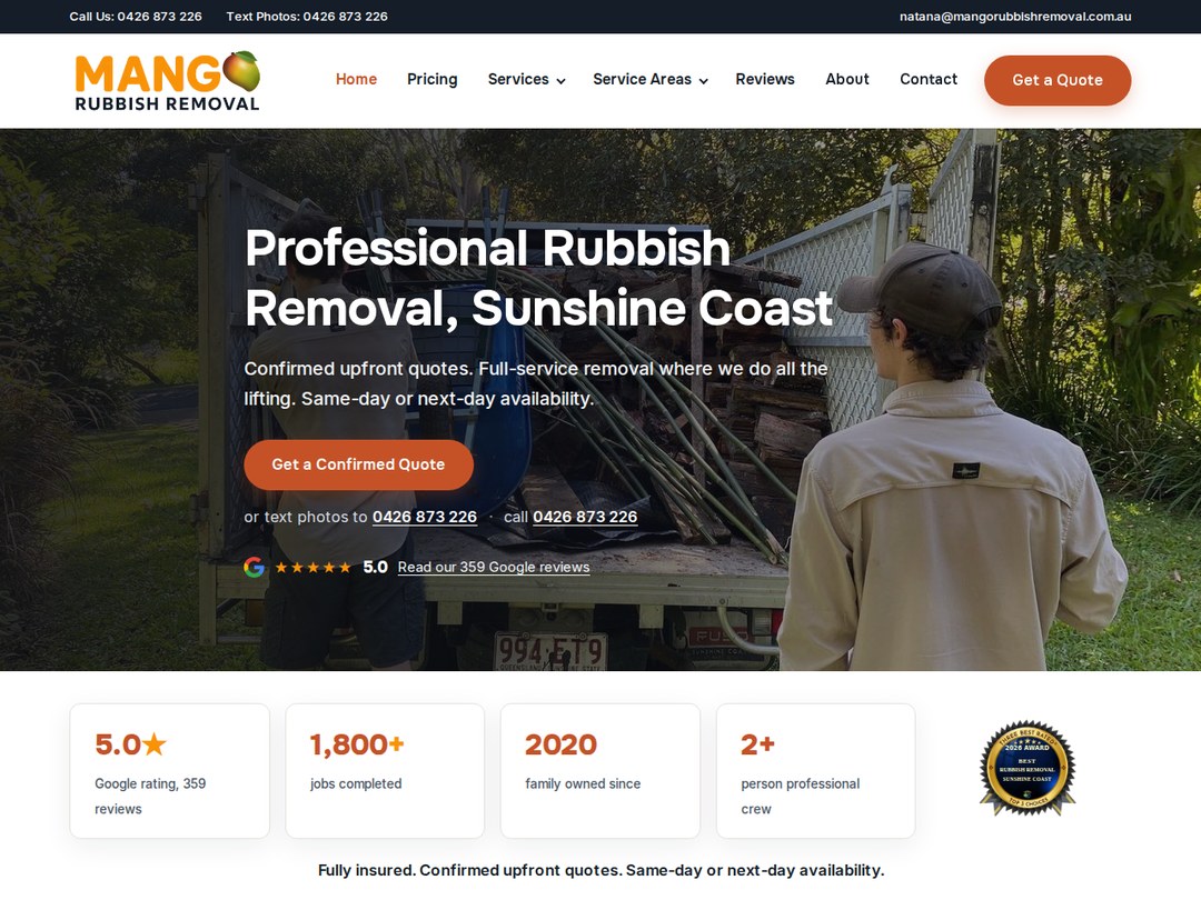 Mango Rubbish Removal website after the redesign