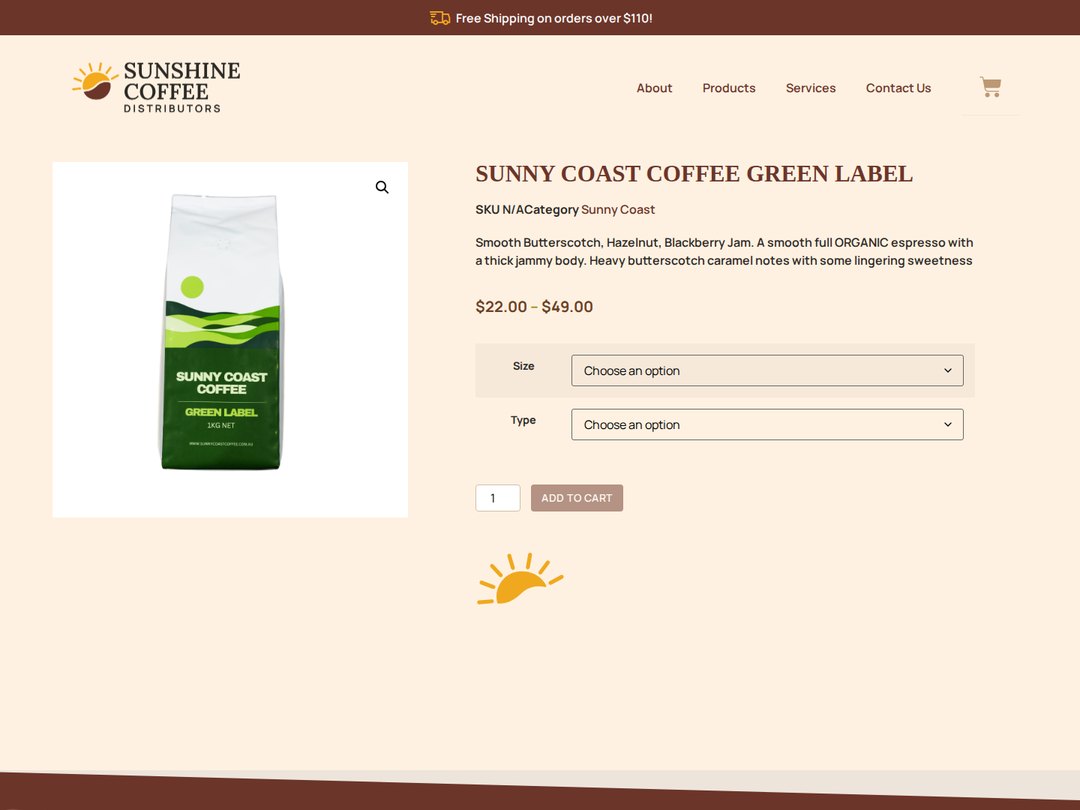 Sunny Coast Coffee product page before the redesign